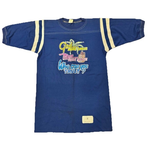 Vintage 70s God Made Grass Man Made Booze T-Shirt Blue USA Made Size M CARLA - Picture 1 of 6
